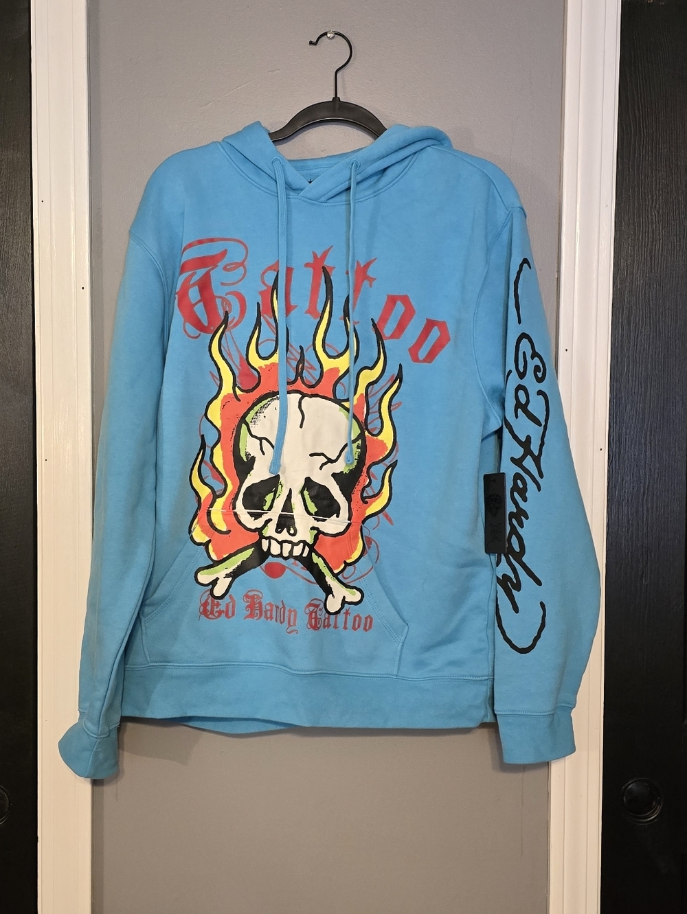 Ed Hardy Blue Crewneck Hoodie with Flaming Skull Graphic